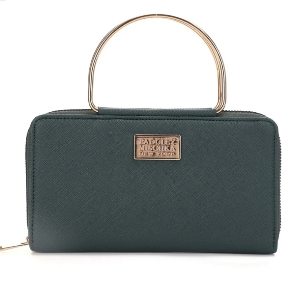 BADGLEY MISCHKA The Louise Saffiano Wallet with Metal Handle - Emerald Green-NWT